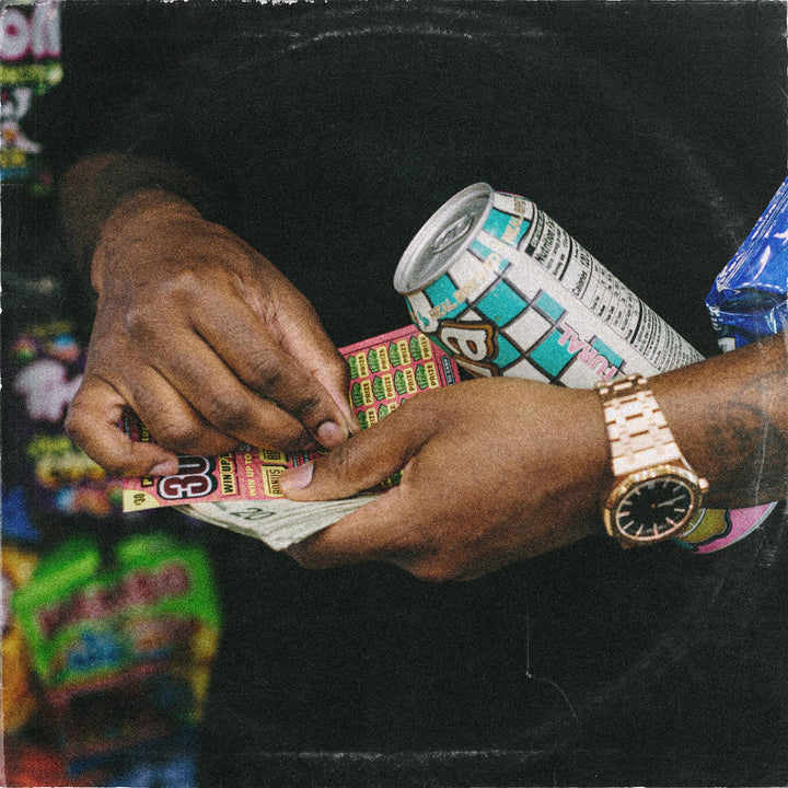 Luxury Tax album cover by Skyzoo and Apollo Brown (2026): hands holding a lottery scratch-off ticket and a stack of cash, with a gold watch and a canned drink, in front of a corner store snack aisle