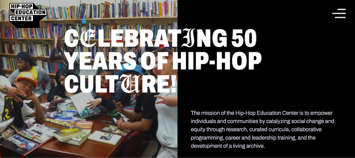 Hip Hop Education Center page celebrating 50 years of hip hop culture