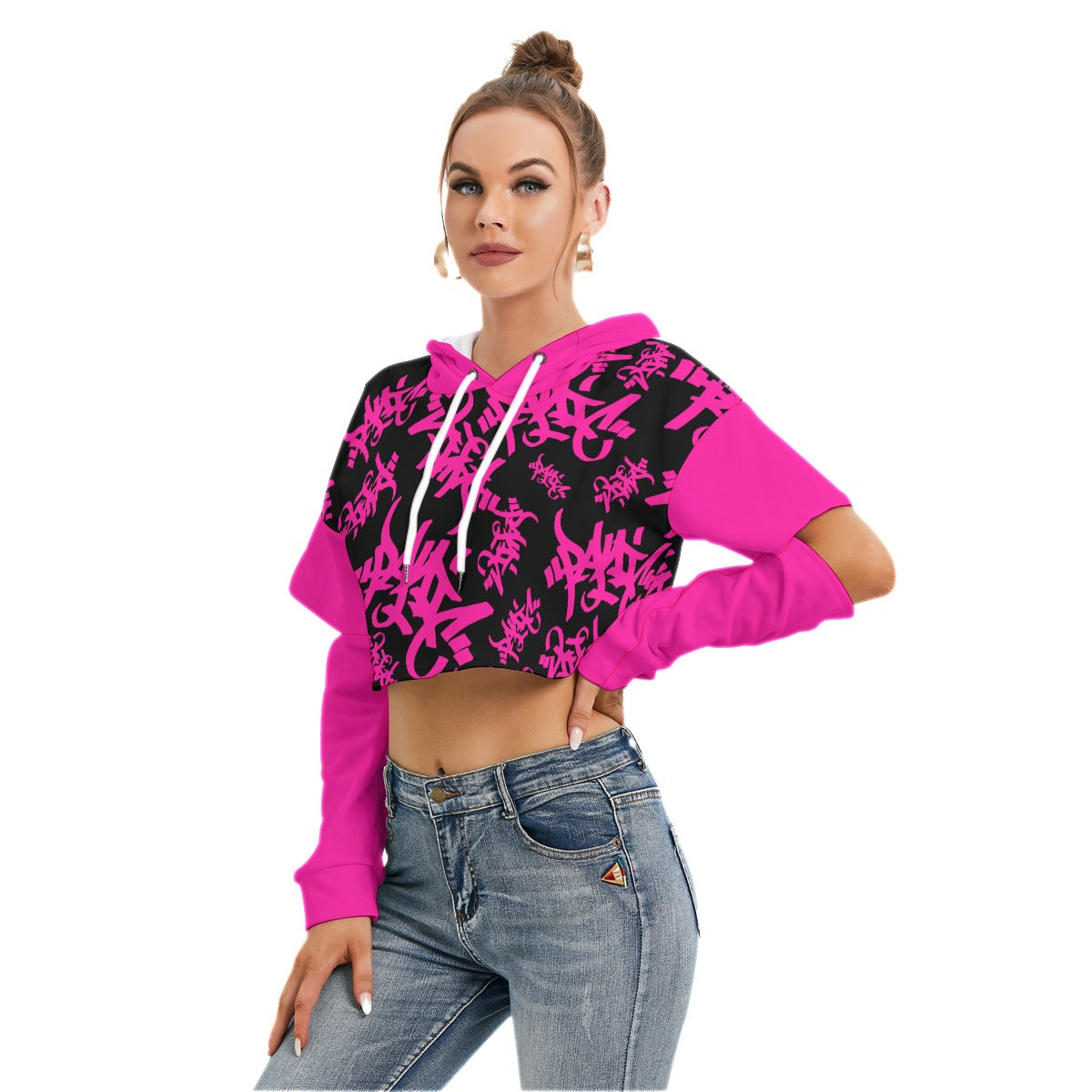 PINK BLACK TAG ALL OVER PRINT CROP HOODIE OPEN ELBOW Panic 39