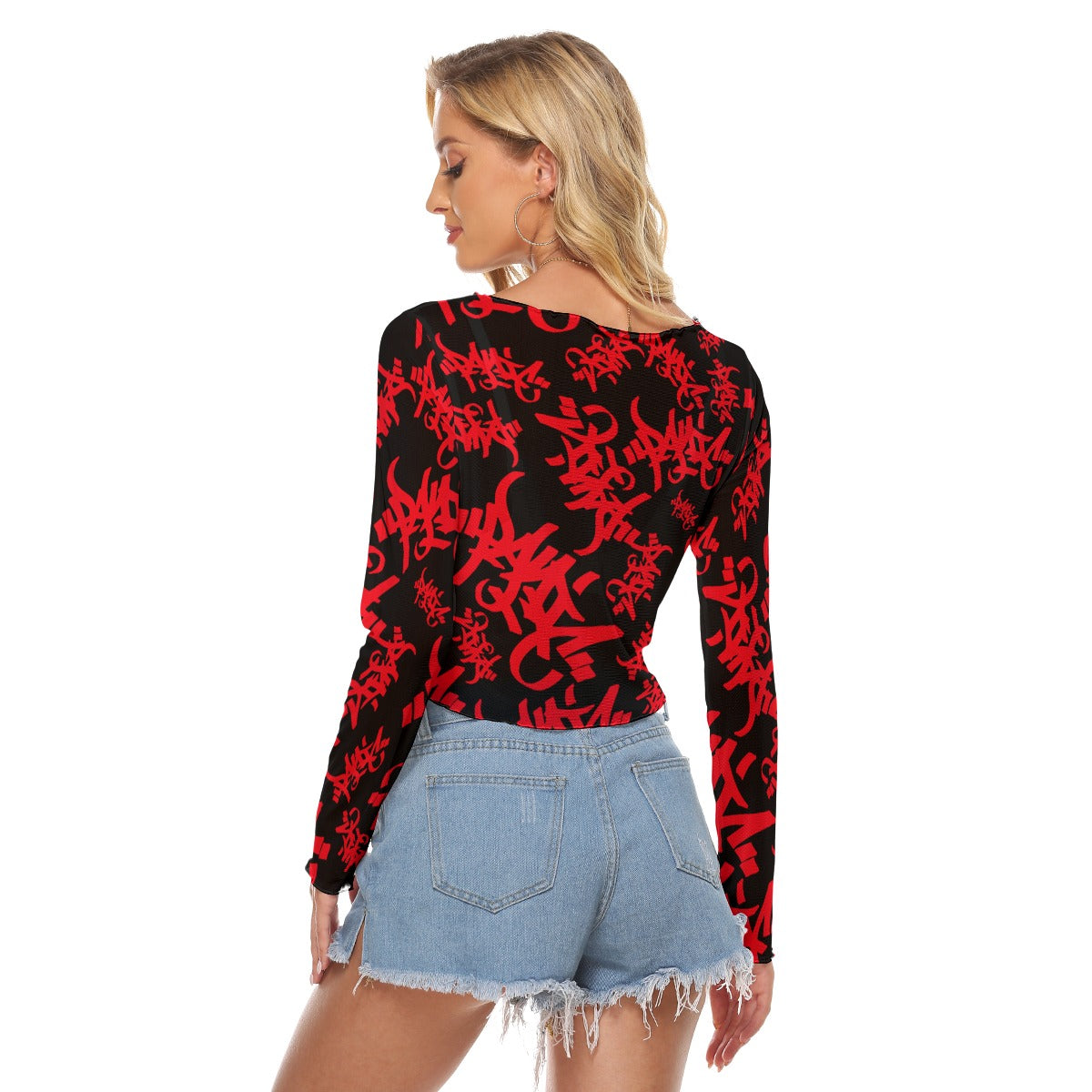 THE TAG MESH WOMENS CROP LONG SLEEVE TOP BLACK/RED - Panic 39