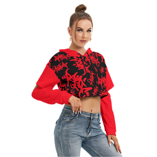 RED/BLACK TAG ALL-OVER PRINT CROP HOODIE OPEN ELBOW