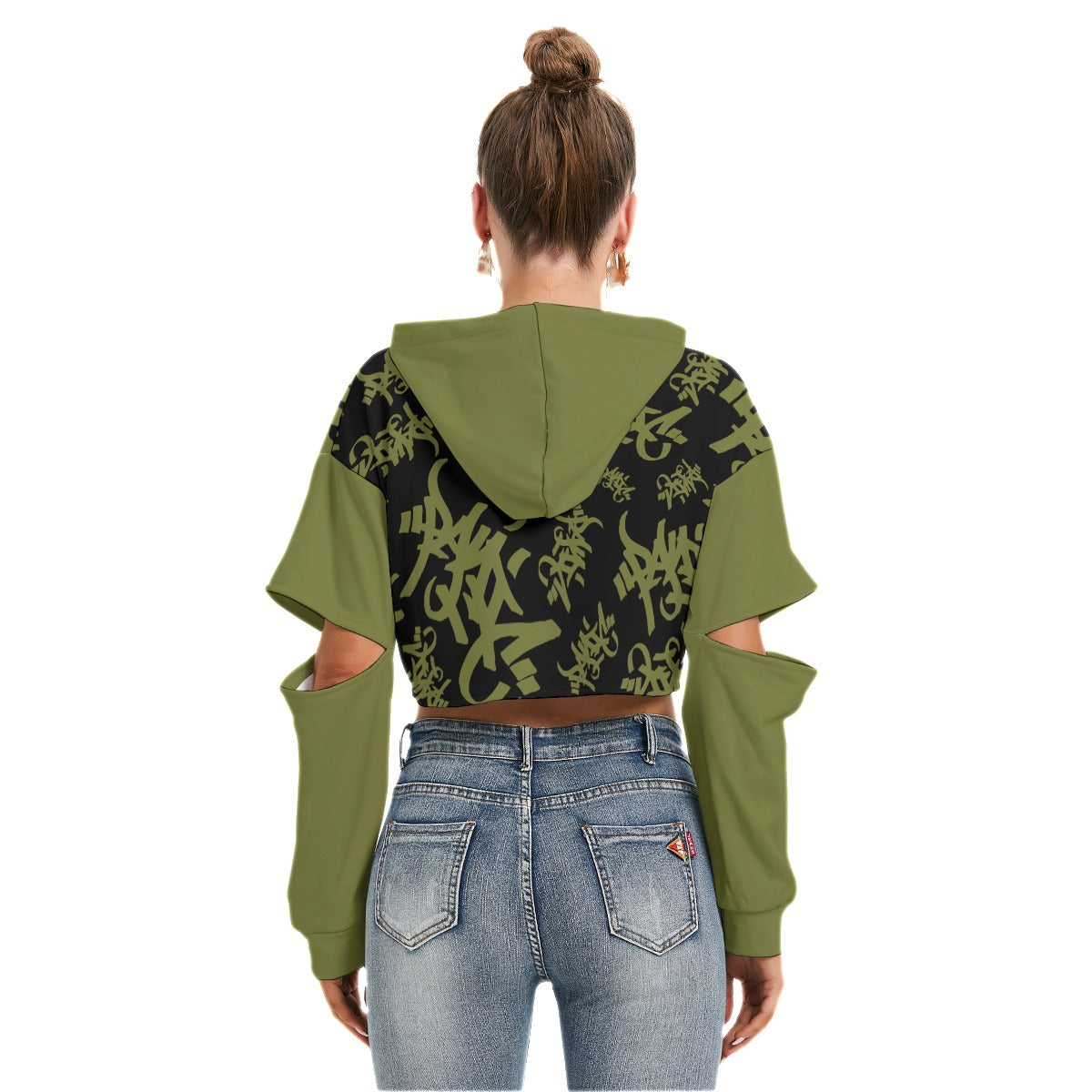 OLIVE/BLACK TAG ALL-OVER PRINT CROP HOODIE OPEN ELBOW