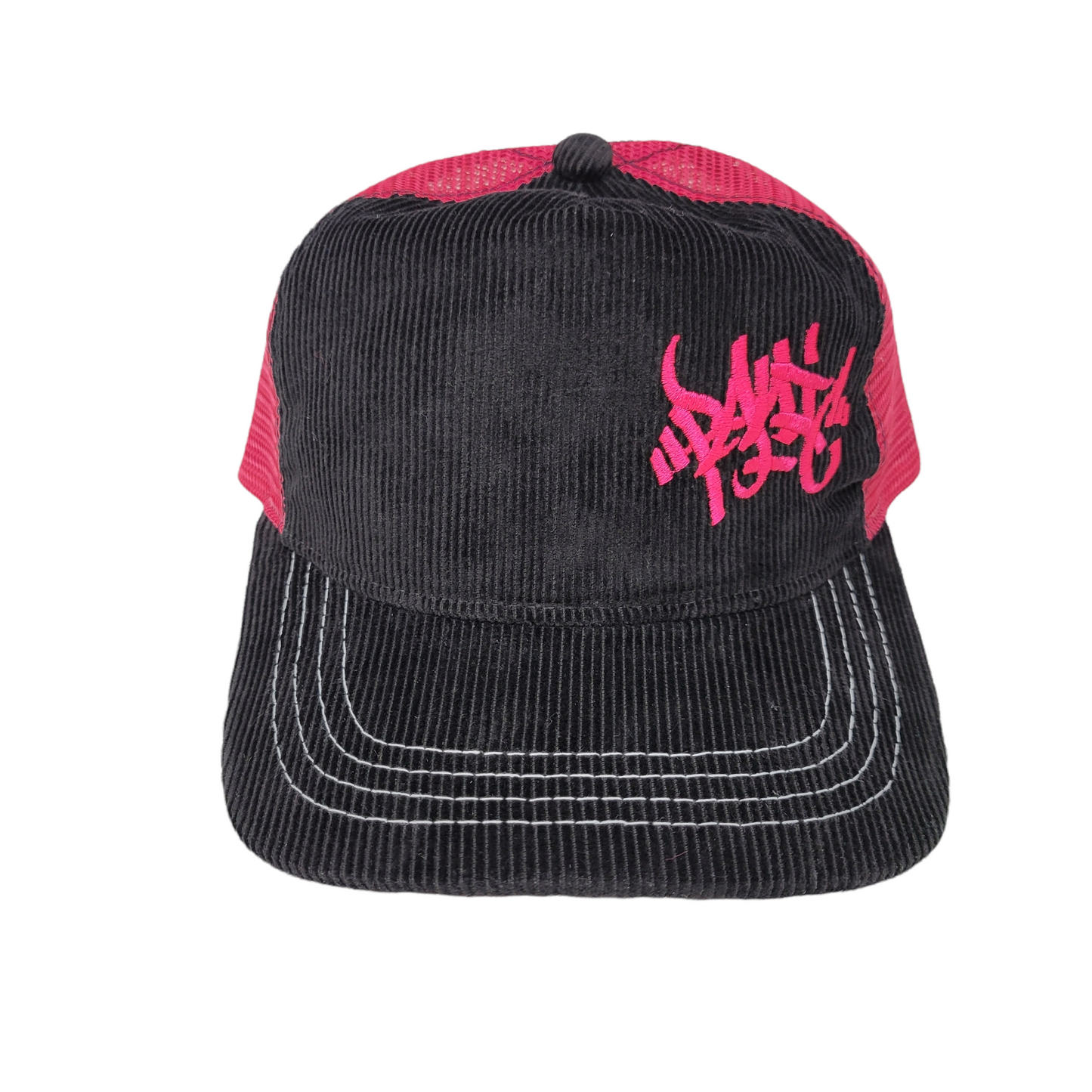 THE BLACK CORDUROY / HOT PINK MESH TAG LOGO SNAPBACK HAT - Panic 39