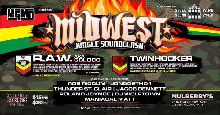 Flyer for Midwest Jungle Soundclash with R.A.W. and Twinhooker at Mulberry's, Cleveland, Ohio