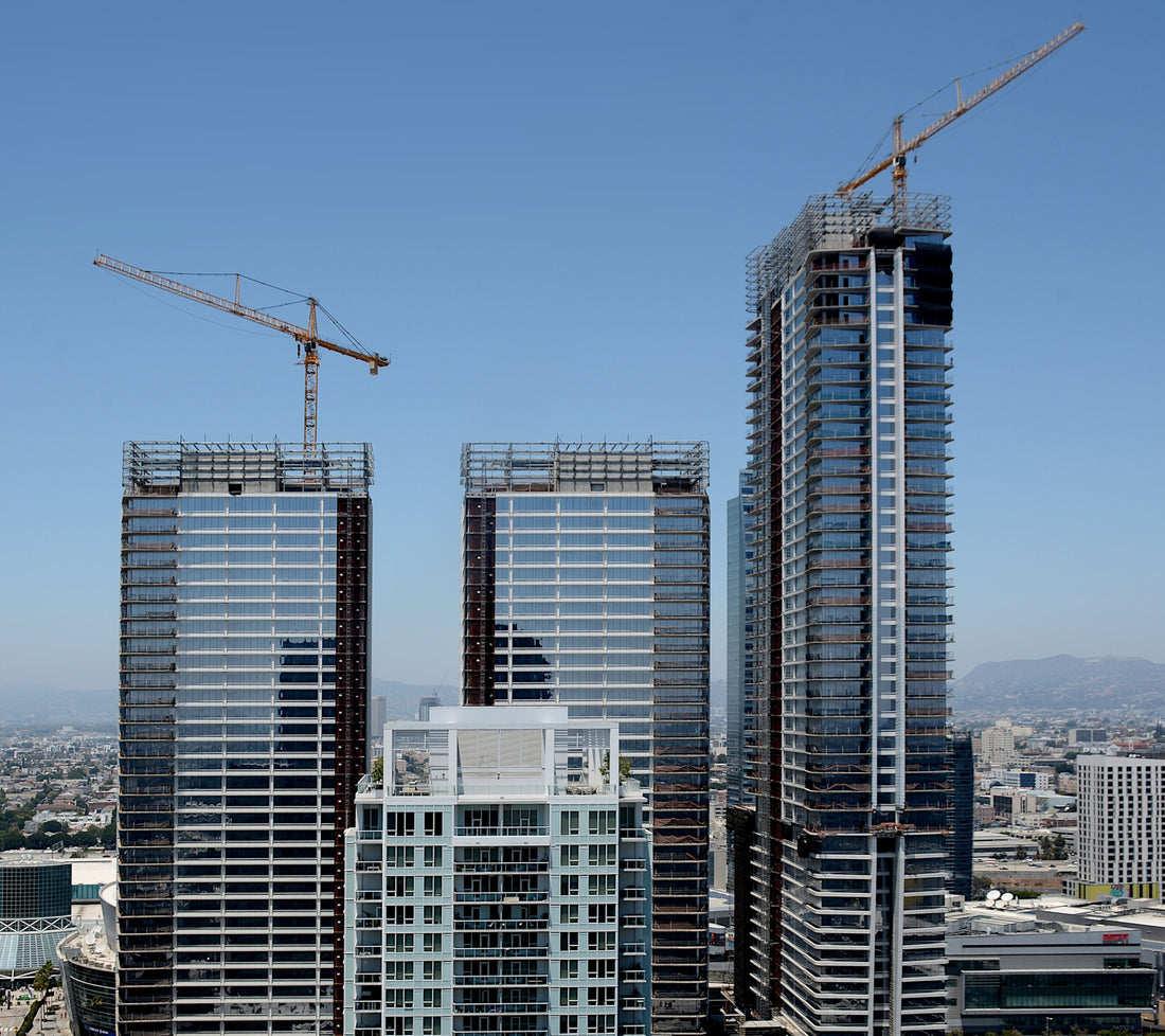 The three Oceanwide Plaza towers in downtown Los Angeles in July 2022, before the graffiti