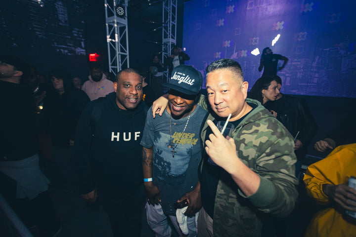 Three friends posing in the crowd at The World of Drum & Bass, Silo Brooklyn, March 2024