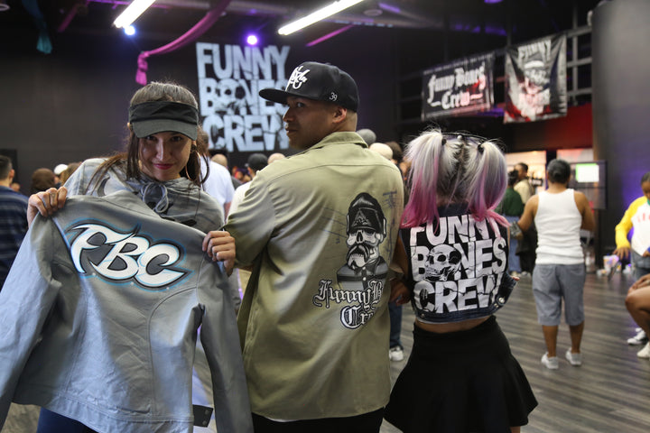 Sonja, Mike Warren and Mamastrosity in Funny Bones Crew jackets at the crew's 17th anniversary in LA
