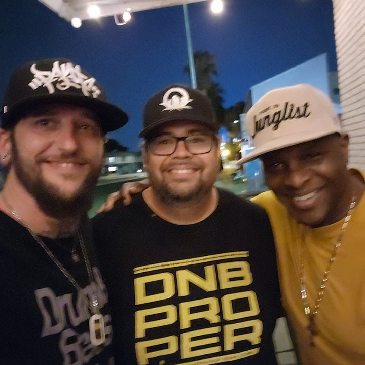DJ SS in a Panic 39 Junglist cap with El Conquistador of DNB Proper
