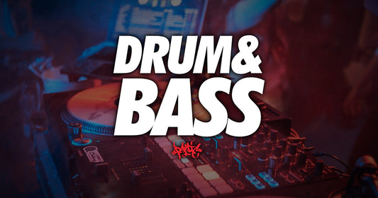 Panic 39 drum & bass design over a dimmed club DJ controller. Background photo by Erik Mclean via Pexels.