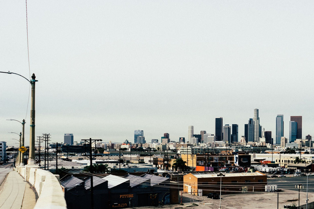 Downtown Los Angeles skyline over the industrial east side, with murals and tags in the foreground
