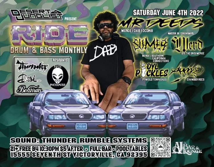 Flyer for Desert Junglist's RIDE drum and bass monthly with Mr. Deeds, June 4 2022, Victorville