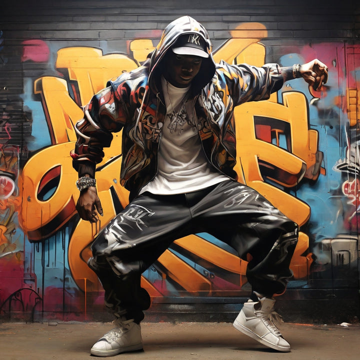Illustration of a krump dancer in a hoodie hitting a pose in front of a graffiti wall