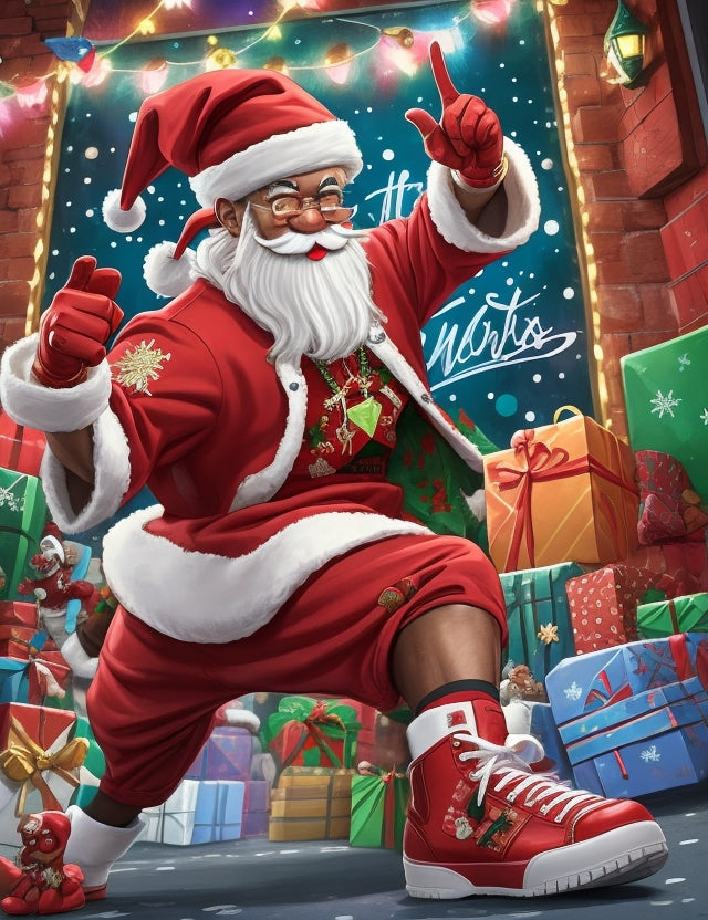 Illustration of a hip hop Santa in red sneakers dancing with presents