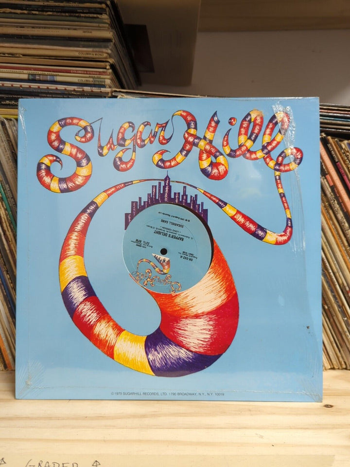 Sugar Hill Records 12-inch of Rapper's Delight in a record bin