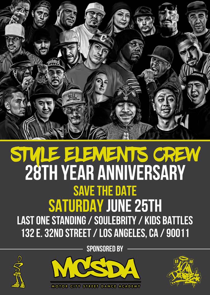 Style Elements Crew 28th Anniversary flyer showing crew members, Los Angeles, June 2022