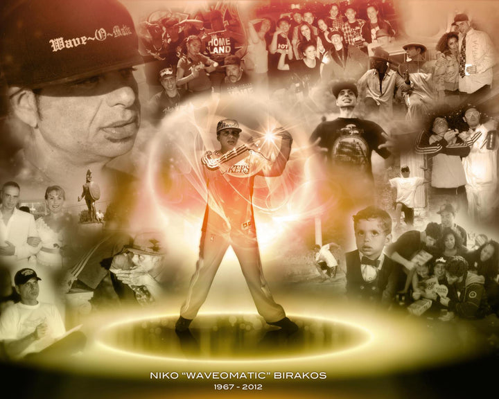 Tribute collage of popper Niko Wave-O-Matic Birakos surrounded by photos