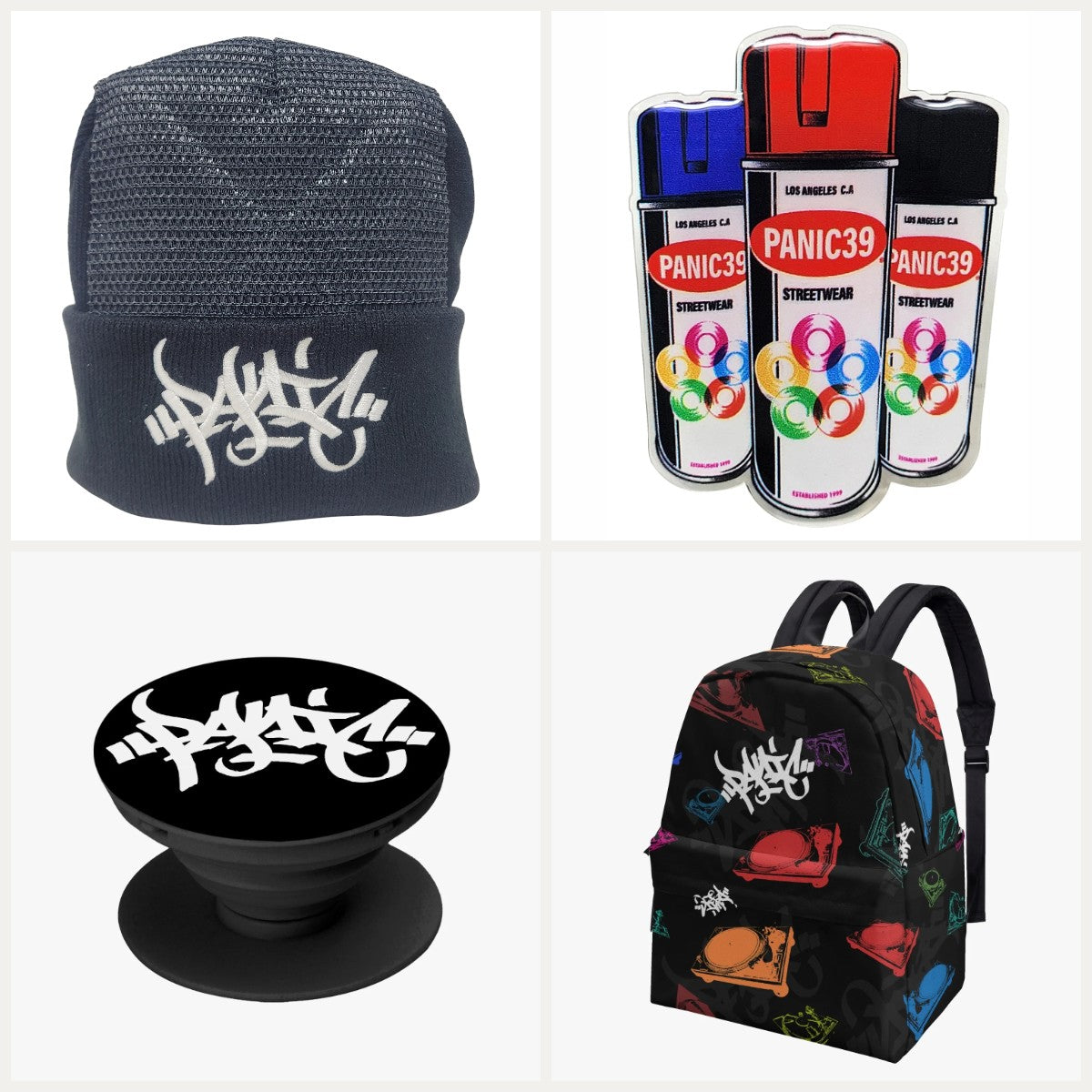 Panic 39 accessories: spin cap, spray can pop socket, logo pop socket and turntable backpack