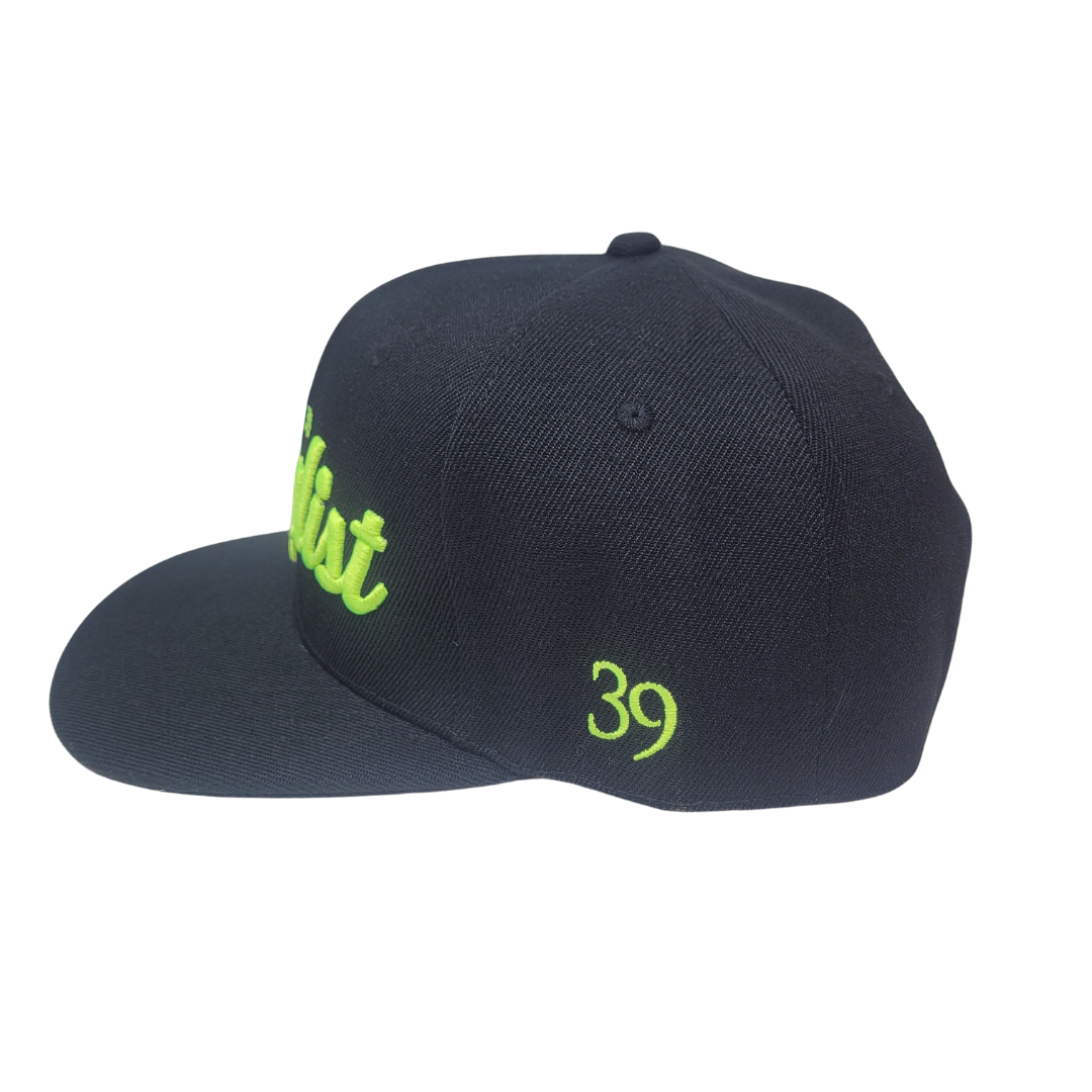 THE BLACK WITH BRIGHT GREEN PANIC 39 JUNGLIST SNAPBACK BASEBALL HAT