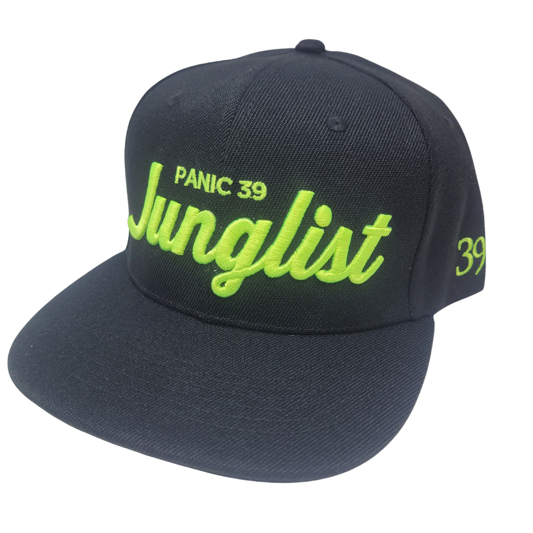 THE BLACK WITH BRIGHT GREEN PANIC 39 JUNGLIST SNAPBACK BASEBALL HAT