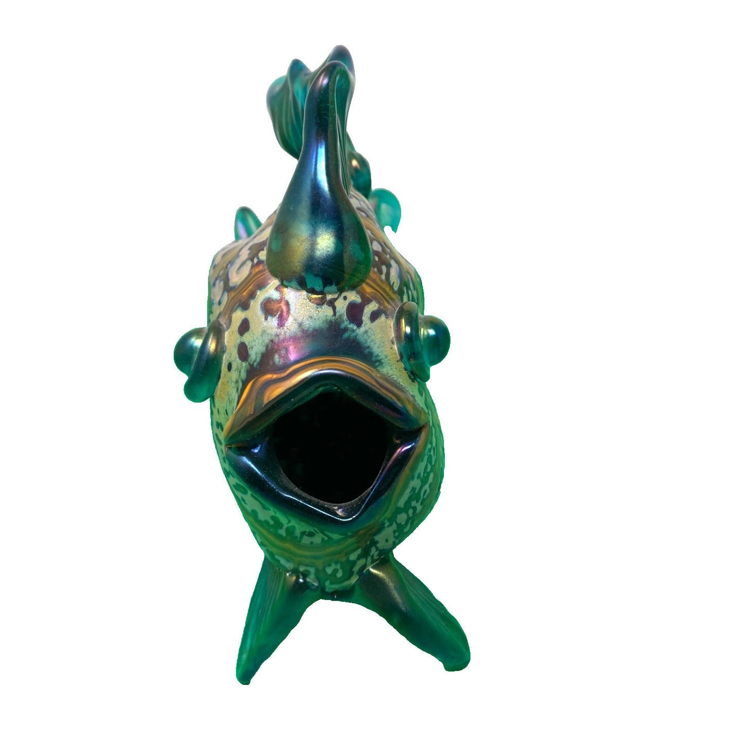 Rick Hunter Art Glass Tropical Fish Sculpture Iridescent Striped Hand Blown 8"