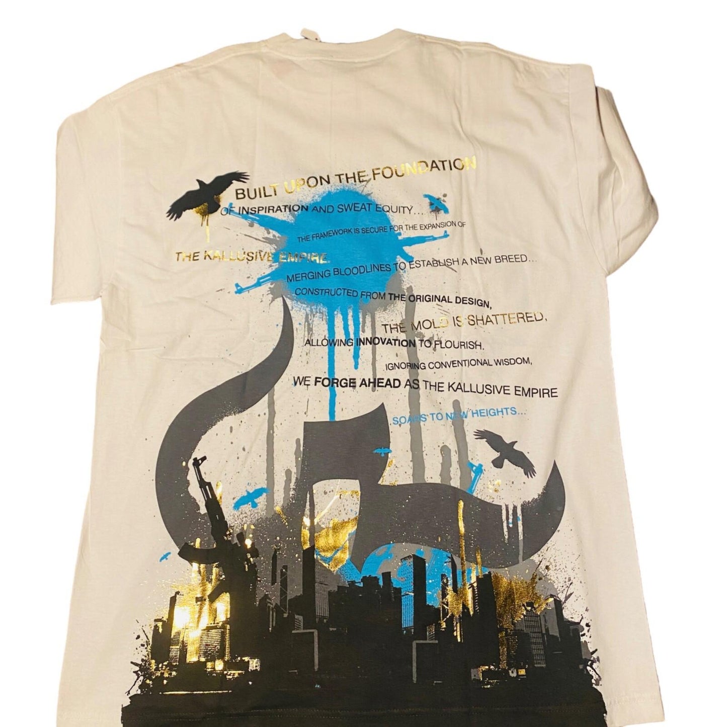 "Kallusive" Rare Men' Hip Hop Art Gun Gold Instruments of Change T-Shirt Size XL