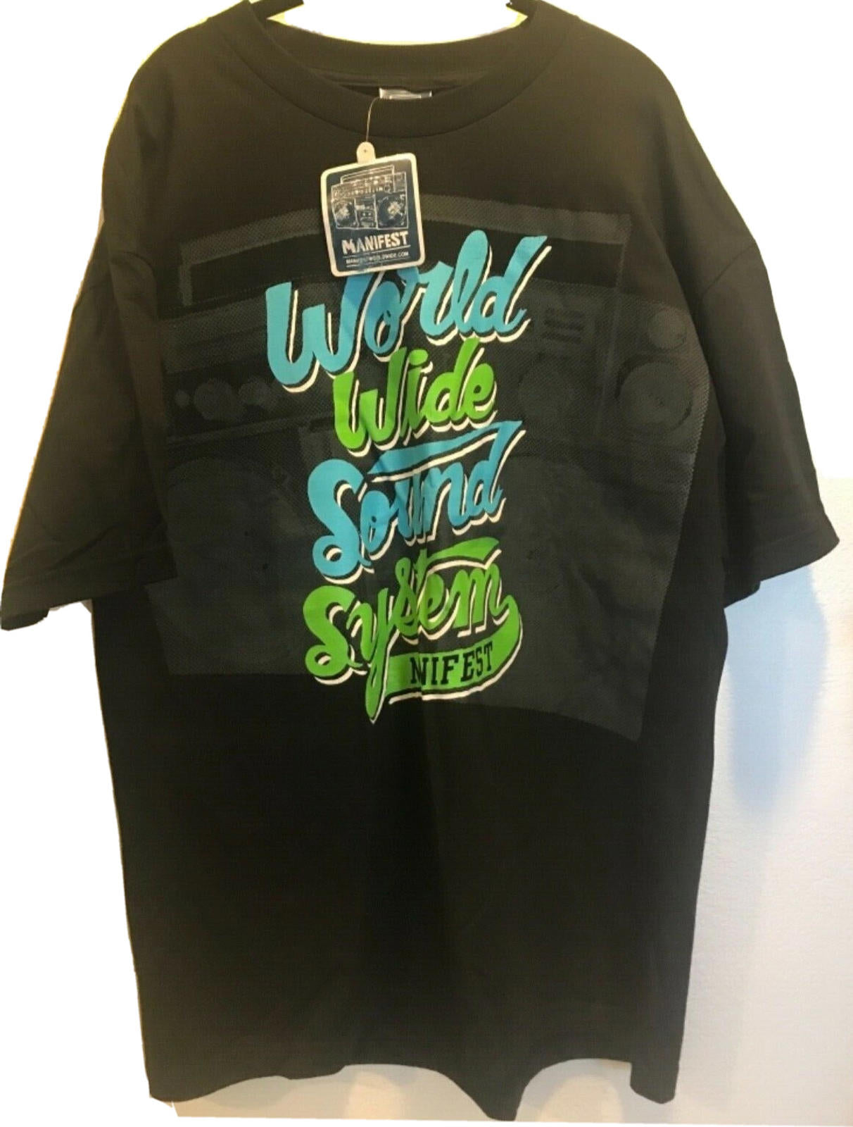 Men’s Manifest Black print T-shirt World Wide Sound System XL Vintage Hip Hop - Panic 39