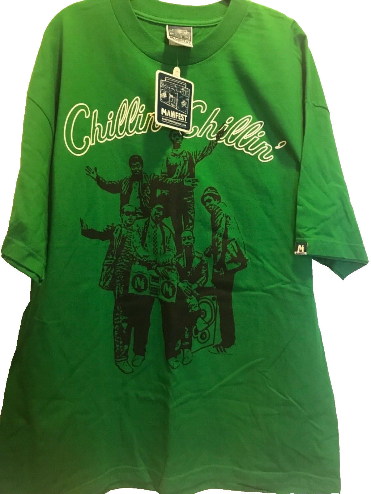 Mens Manifest T shirt Green print chillin Hip Hop Ghetto Blaster Boom Box sz XL - Panic 39