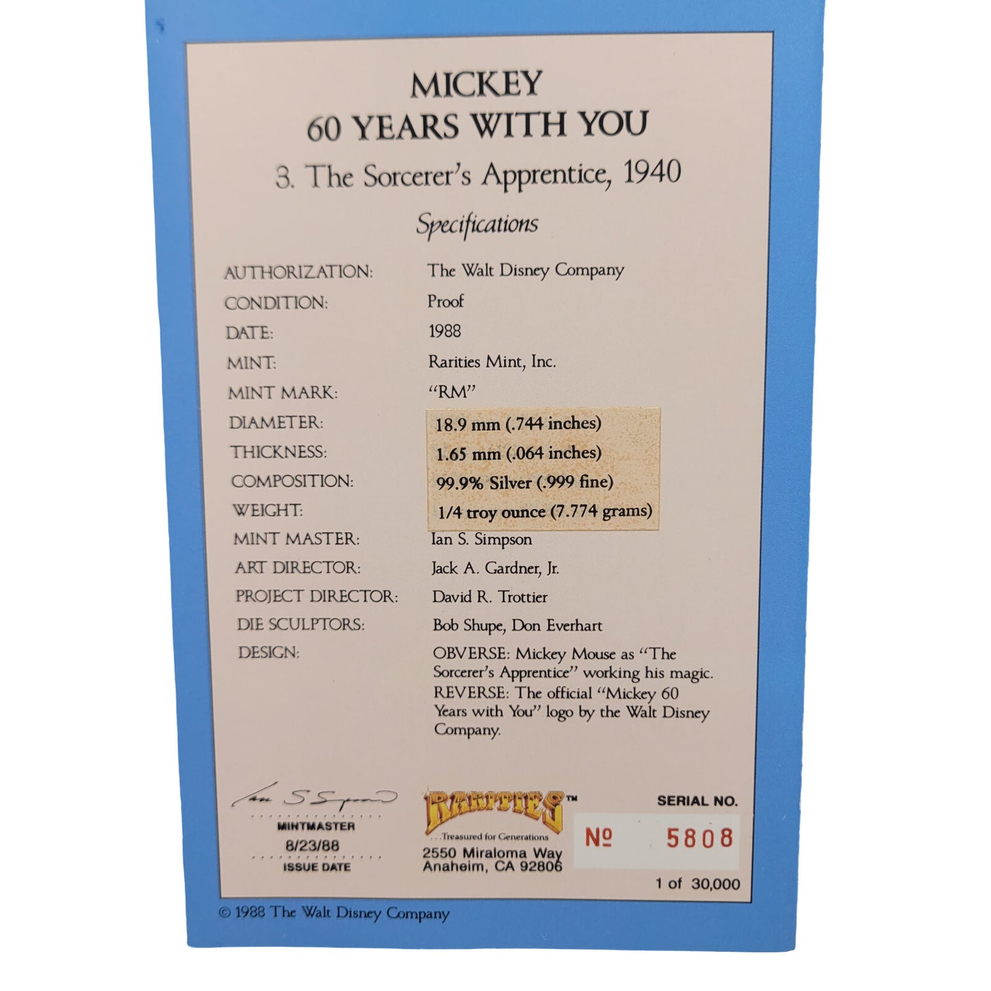 1988 Disney Mickey 60 Years Sorcerers Apprentice 1/4 oz 999 Silver Proof Coin - Panic 39