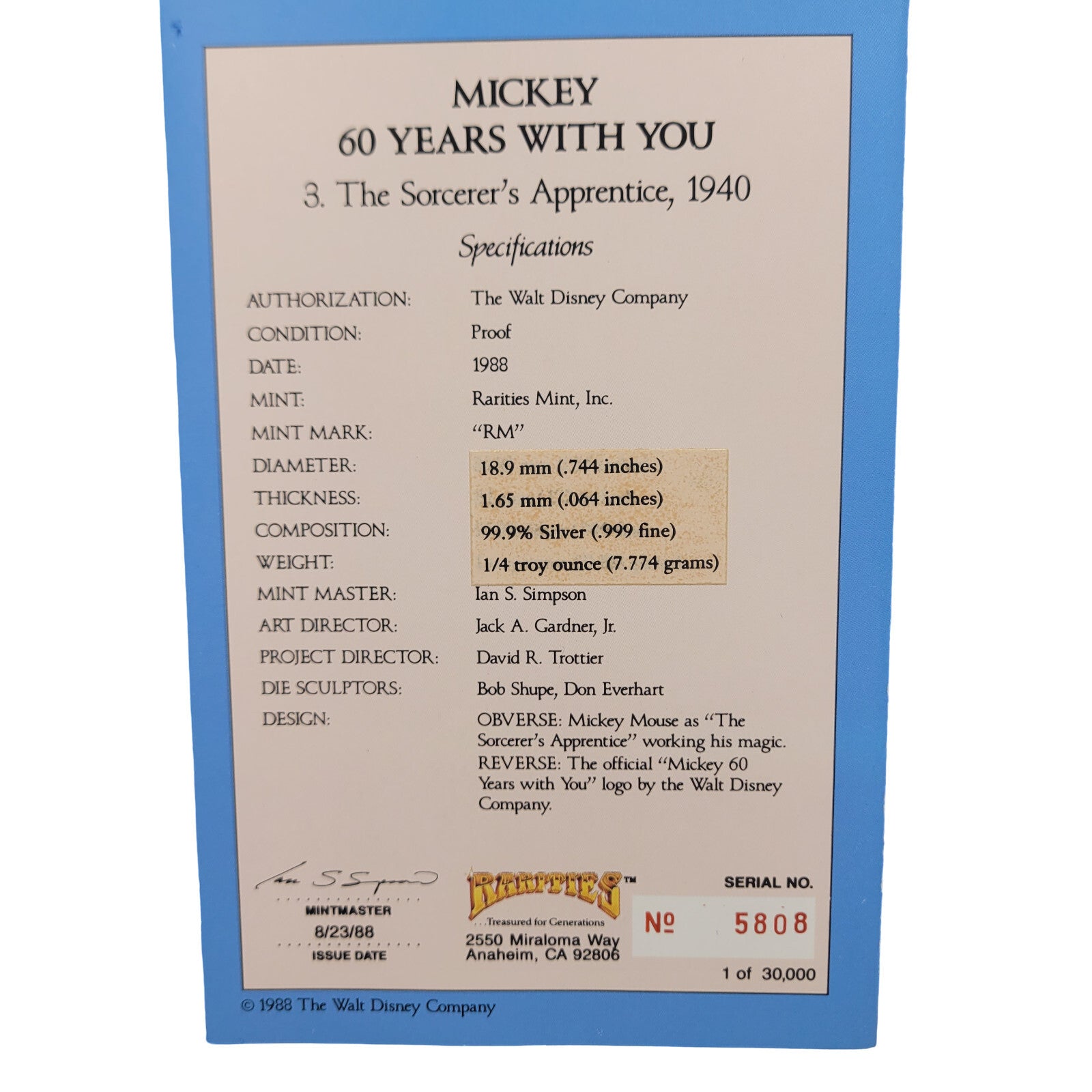 1988 Disney Mickey 60 Years Sorcerers Apprentice 1/4 oz 999 Silver Proof Coin - Panic 39