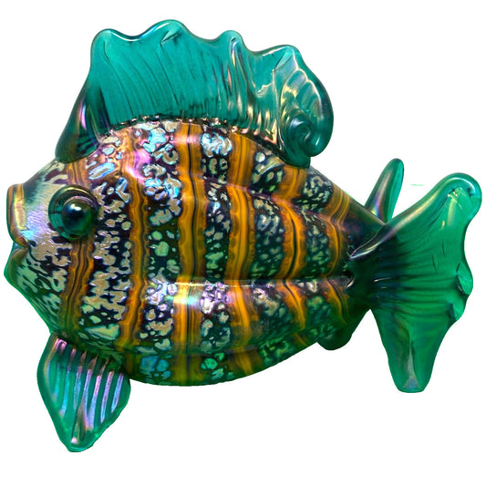 Rick Hunter Art Glass Tropical Fish Sculpture Iridescent Striped Hand Blown 8"