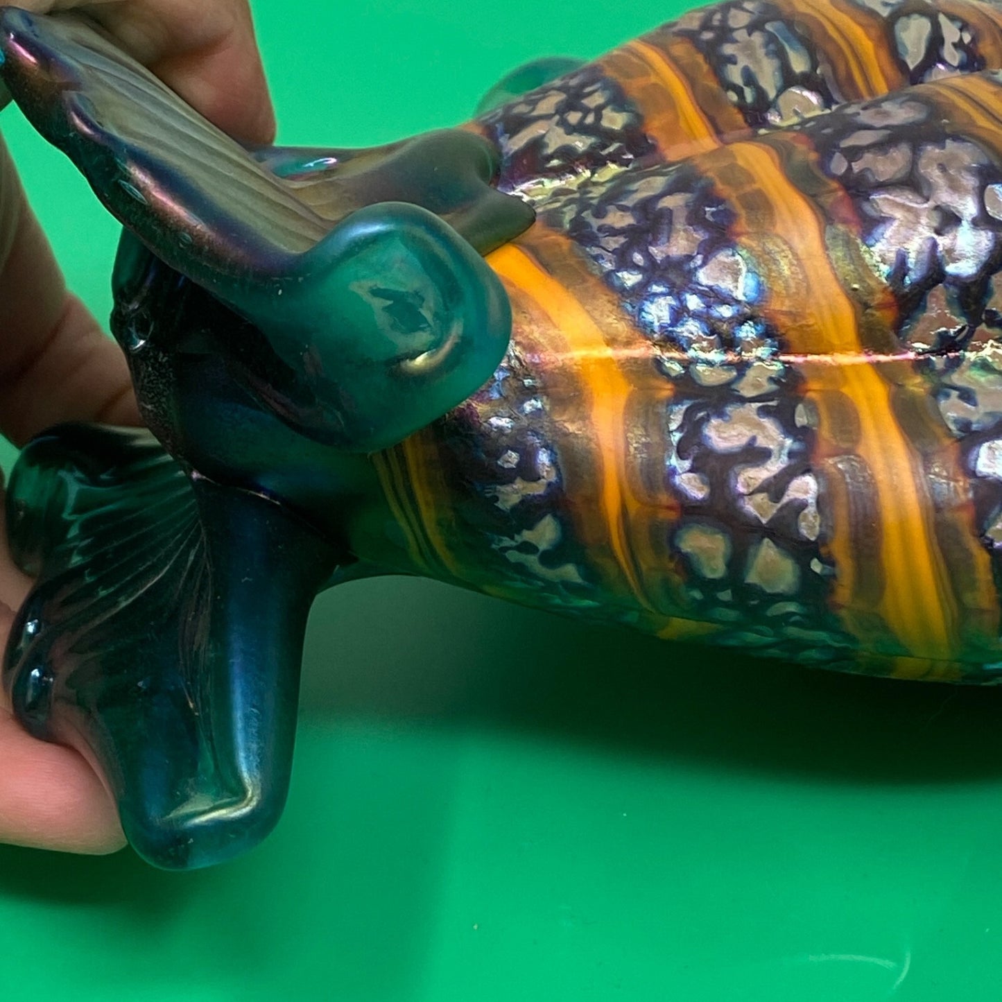 Rick Hunter Art Glass Tropical Fish Sculpture Iridescent Striped Hand Blown 8"