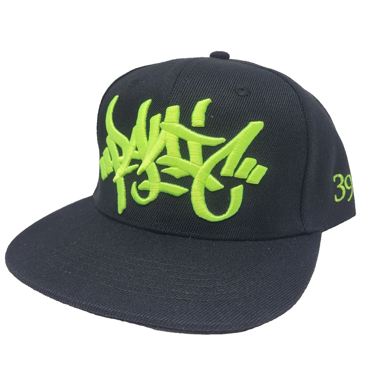 THE 3D BLACK AND FLUORESCENT GREEN TAG LOGO SNAPBACK BASEBALL HAT - Panic 39