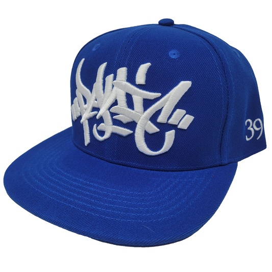 Royal blue and white 3D tag logo snapback hat from Panic 39