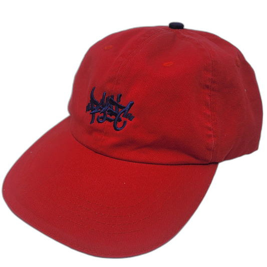 THE TAG LOGO DAD HAT IN RED WITH NAVY SANDWICH BILL