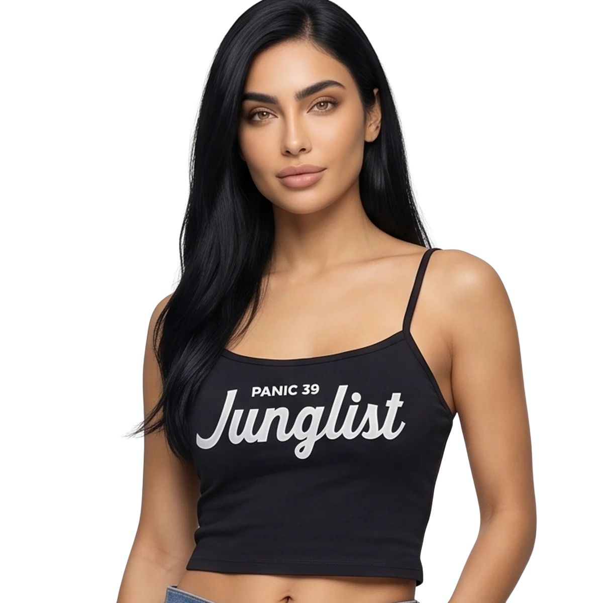 Model wearing the black Panic 39 Junglist women's cami crop top, front view