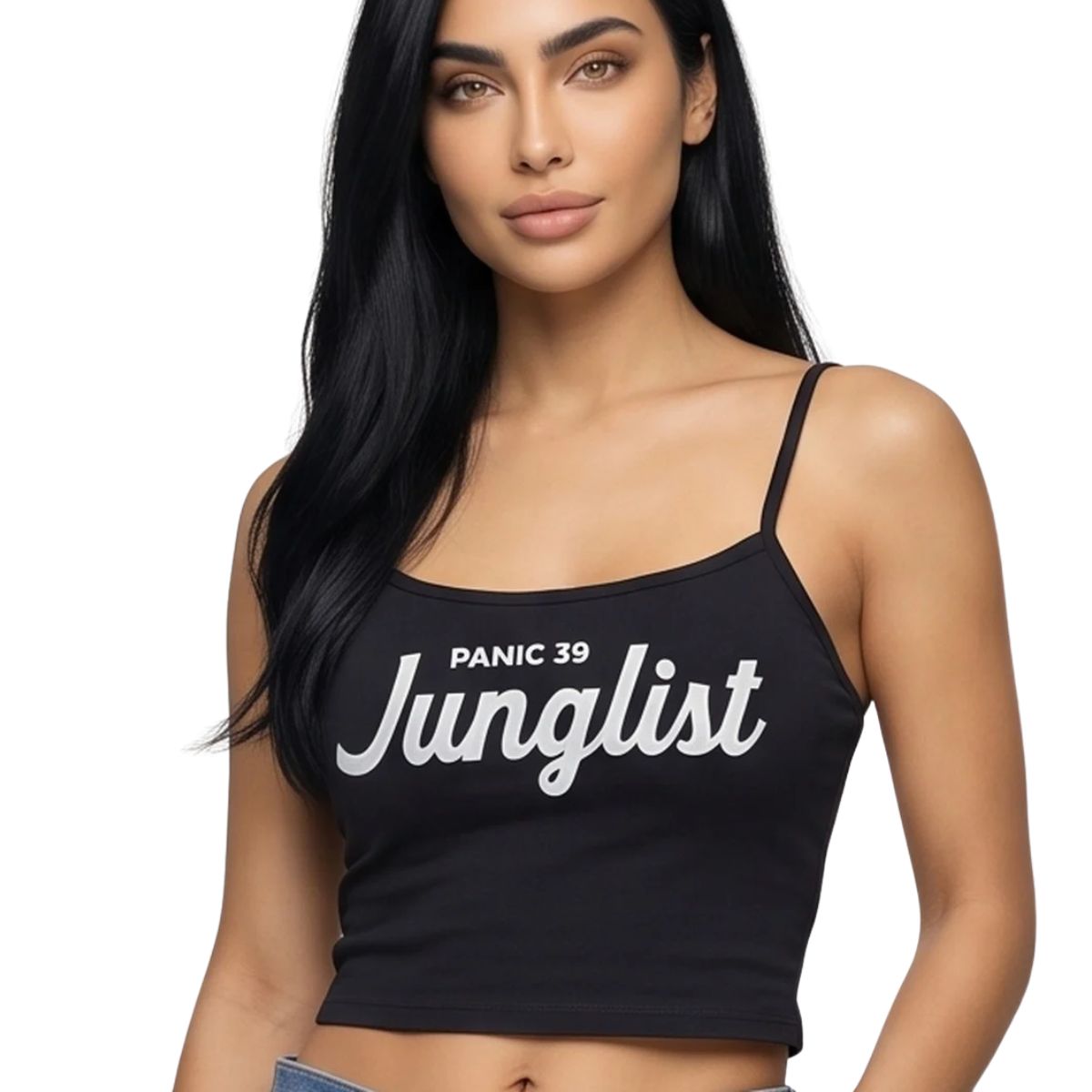 Model wearing the black Panic 39 Junglist women's cami crop top, close front view