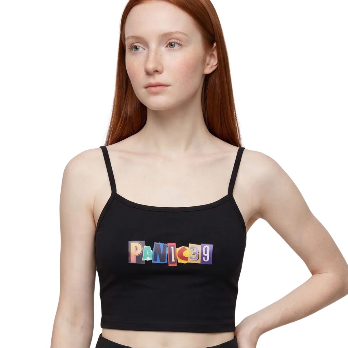 Model wearing the black Panic 39 women's cami crop top with the multicolor ransom-note logo