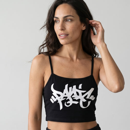 AI-generated model wearing The Tag Logo Cropped Tank, front view