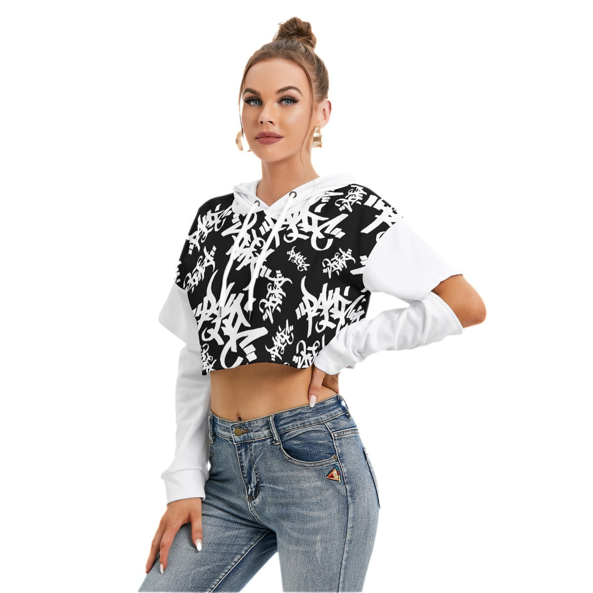 BLACK/WHITE TAG ALL-OVER PRINT CROP HOODIE OPEN ELBOW