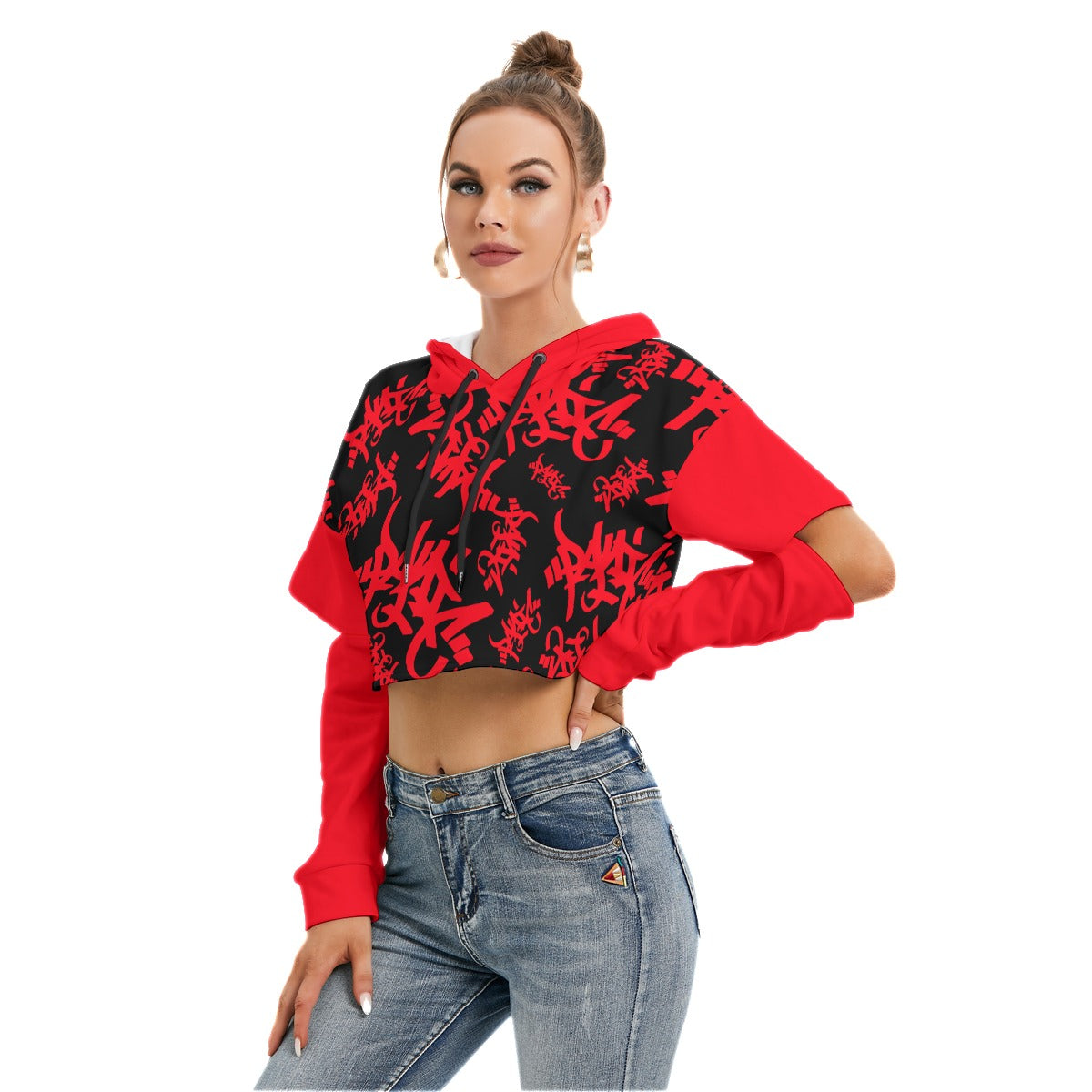 RED/BLACK TAG ALL-OVER PRINT CROP HOODIE OPEN ELBOW