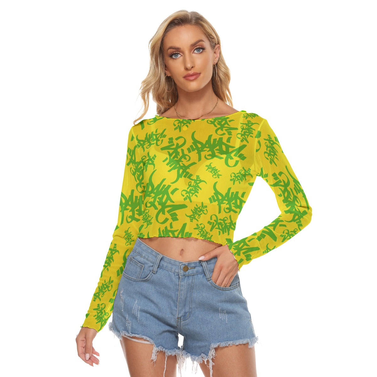 THE TAG MESH WOMENS CROP LONG SLEEVE TOP YELLOW/KELLY