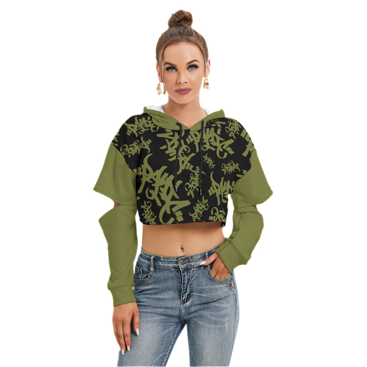 OLIVE/BLACK TAG ALL-OVER PRINT CROP HOODIE OPEN ELBOW