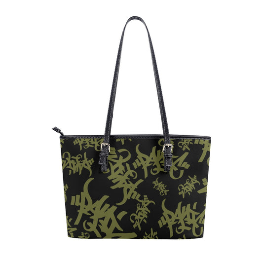 THE TAG FAUX LEATHER TOTE BAG - BLACK/OLIVE - Panic 39