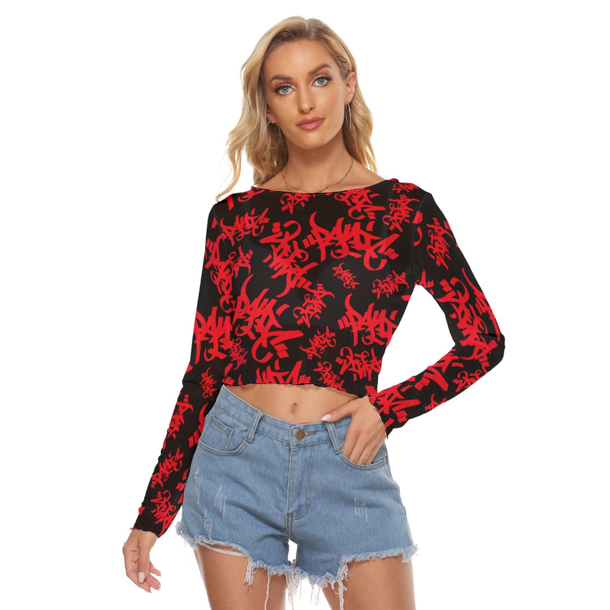 THE TAG MESH WOMENS CROP LONG SLEEVE TOP BLACK/RED - Panic 39