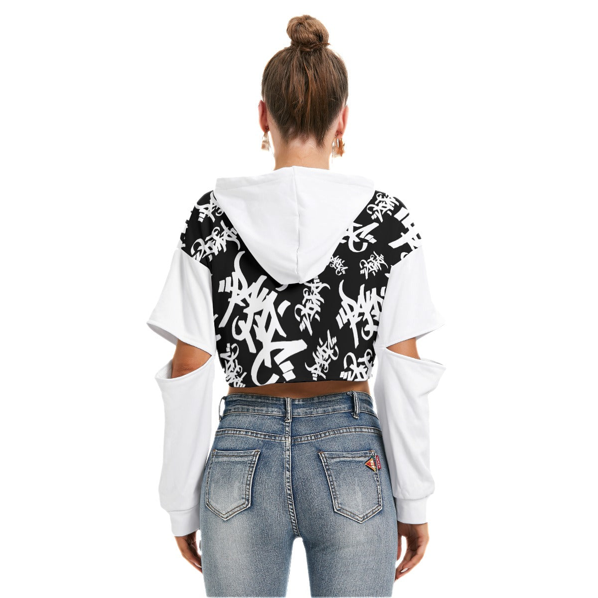 BLACK/WHITE TAG ALL-OVER PRINT CROP HOODIE OPEN ELBOW