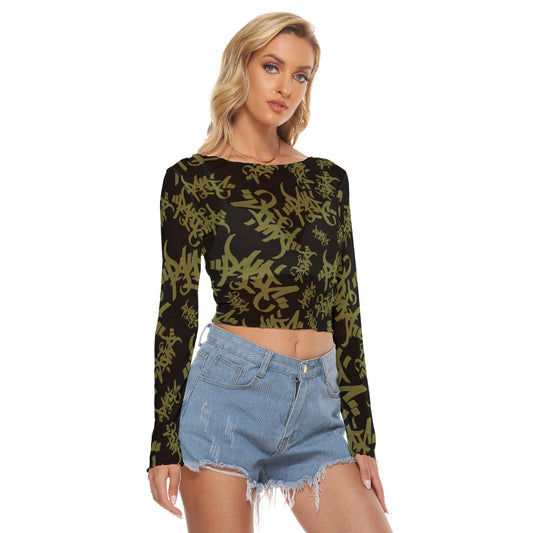 THE TAG MESH WOMENS CROP LONG SLEEVE TOP BLACK/OLIVE - Panic 39