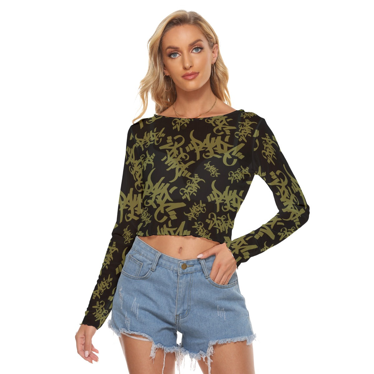 THE TAG MESH WOMENS CROP LONG SLEEVE TOP BLACK/OLIVE - Panic 39