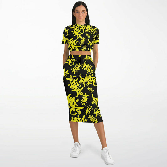 Tag Athletic Crop Top With Long Pocket Skirt Black/Yellow - Panic 39